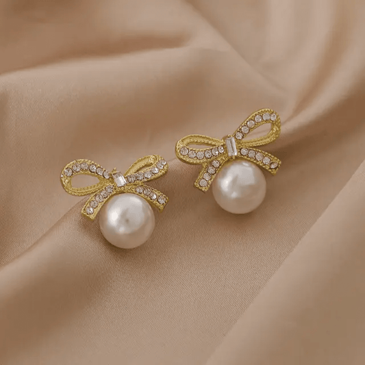 Korean Bow Shaped Pearl Stud Earrings