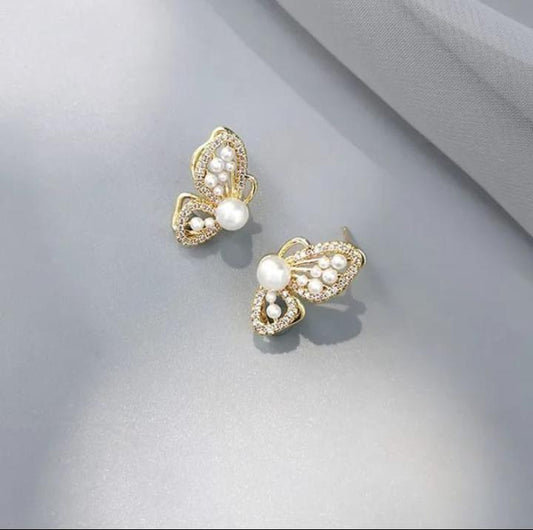 Korean Butterfly Pearl Diamond Stud Earrings