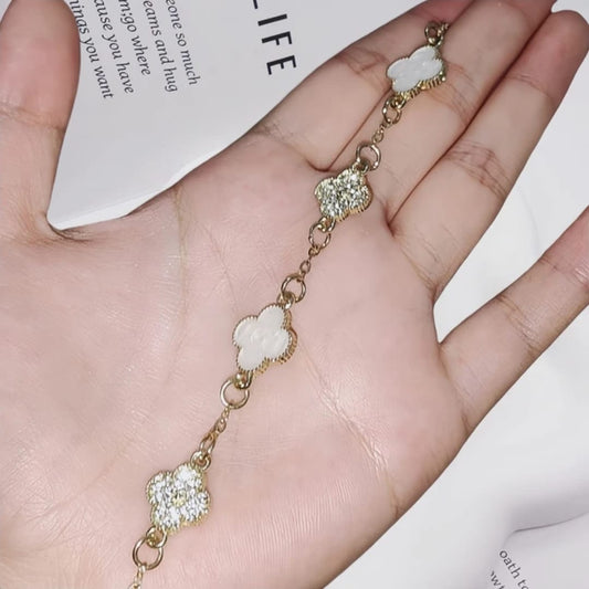 White and Diamond Clover Charm Bracelet